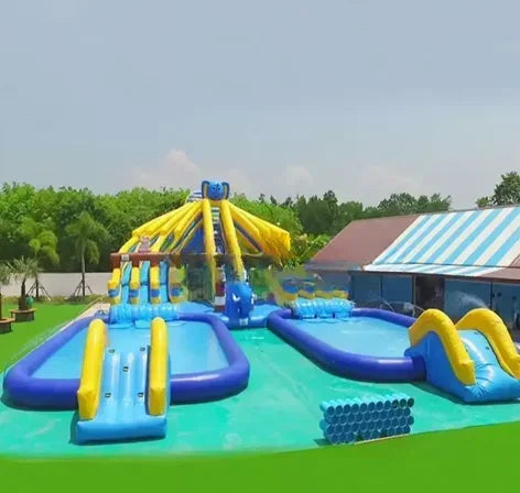 UNICORN PVC complete water park pool with slide and pool equipment blue yellow height 8 meters width 20 meters length 30 meters