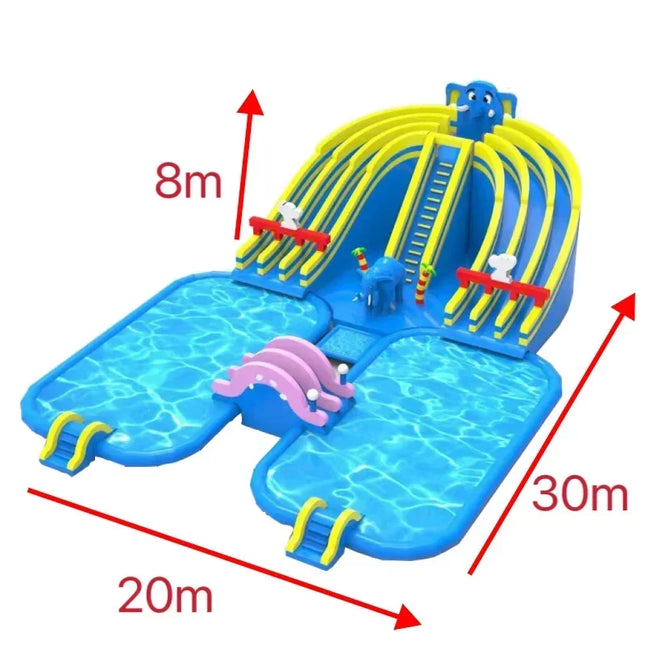 UNICORN PVC complete water park pool with slide and pool equipment blue yellow height 8 meters width 20 meters length 30 meters