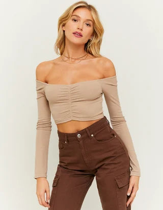 UNICORN Women's shirt crop top long sleeves brown beige white green xs s m l