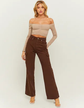 UNICORN Women's shirt crop top long sleeves brown beige white green xs s m l