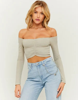 UNICORN Women's shirt crop top long sleeves brown beige white green xs s m l
