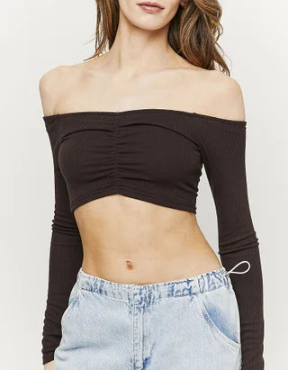 UNICORN Women's shirt crop top long sleeves brown beige white green xs s m l