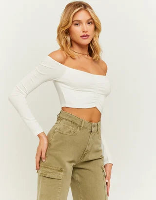 UNICORN Women's shirt crop top long sleeves brown beige white green xs s m l