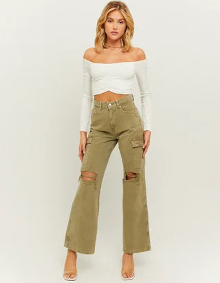UNICORN Women's shirt crop top long sleeves brown beige white green xs s m l