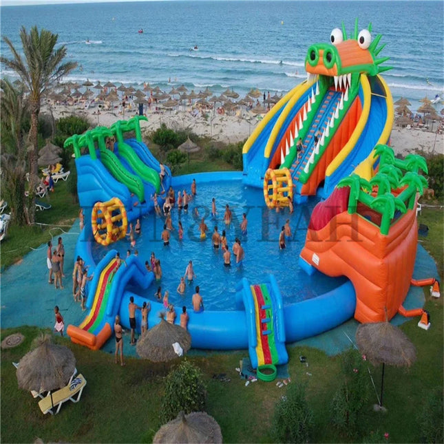 UNICORN PVC inflatable water park complete with crocodile slide and water play equipment
