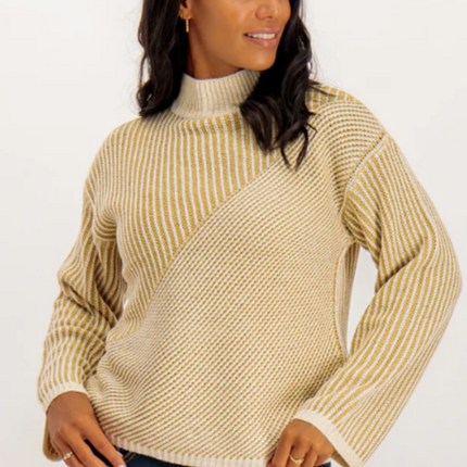 UNICORN Women's sweater funnel neck beige striped pattern xs s m l xl