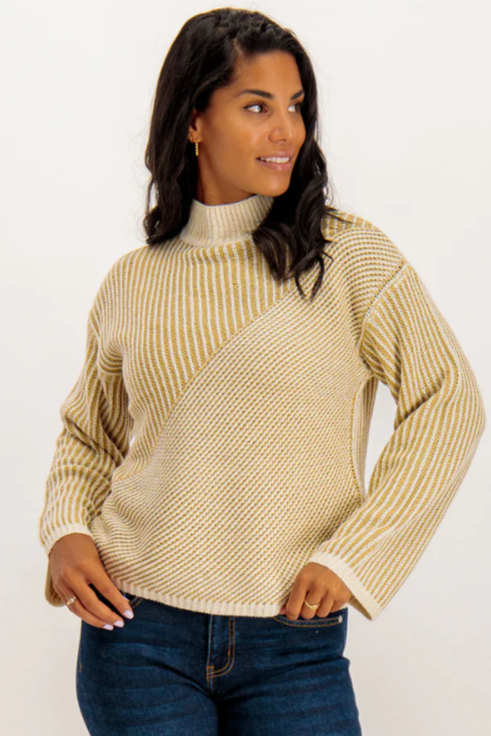 UNICORN Women's sweater funnel neck beige striped pattern xs s m l xl