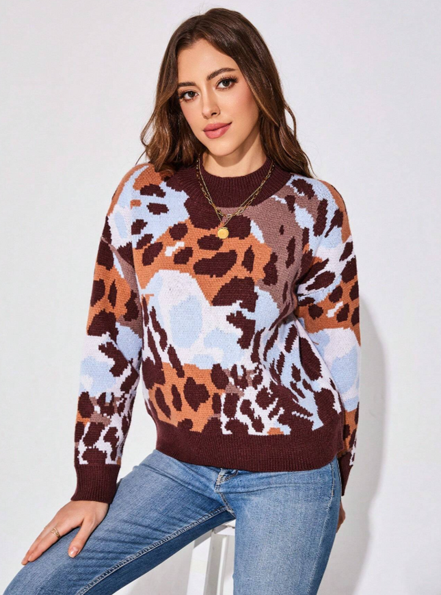 UNICORN Women's sweater panther print dark brown light blue s m l