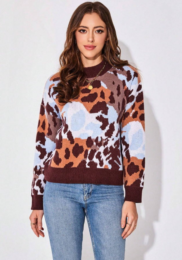 UNICORN Women's sweater panther print dark brown light blue s m l