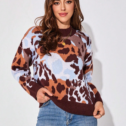 UNICORN Women's sweater panther print dark brown light blue s m l