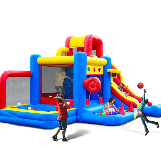 UNICORN PVC inflatable bouncy castle with slide, golf course, ball pit, climbing frame blue height 300 cm width 490 cm length 485 cm