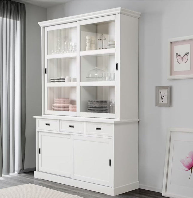 UNICORN Sideboard wall cabinet wall unit with display cabinet sliding doors handmade character white width: 154 cm depth: 52 cm height: 226 cm