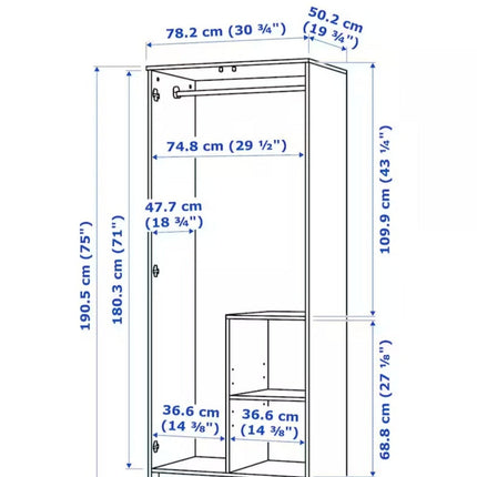 UNICORN Wardrobe wall cabinet wall unit white black Width 78 cm Depth 50 cm Height 190 cm