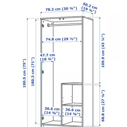 UNICORN Wardrobe wall cabinet wall unit white black Width 78 cm Depth 50 cm Height 190 cm