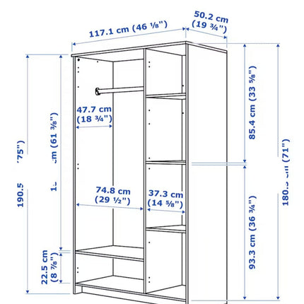 UNICORN Wardrobe wall cabinet wall unit with mirror white black width: 117 cm depth: 50 cm height: 190 cm