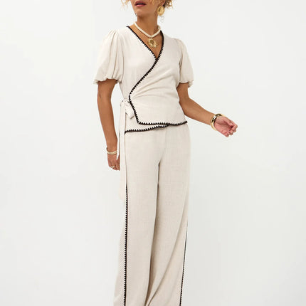 UNICORN Women's Ecru Wide Leg Trousers with Contrasting Crochet Side Trim – Linen Look xs s m l xl