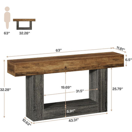 UNICORN 63-Inch Extra Long Farmhouse Console Table - 2-Tier Rustic Brown Wood