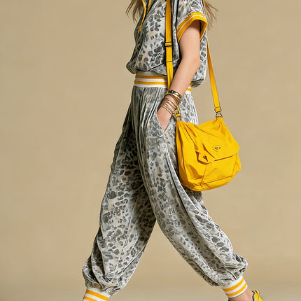 UNICORN Women'S Fashion Elegant Leopard Print Color-Block Top And Long Pants s m l xl xxl