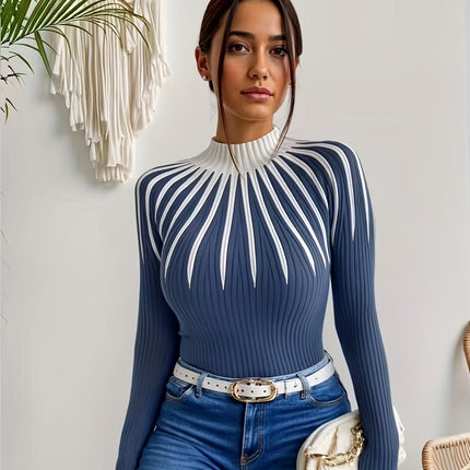 UNICORN Women's Color Block Ribbed Elegant Long Sleeve Pullover s m l xl xxl
