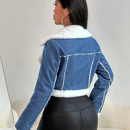 UNICORN Women's Large Denim Patchwork Warm Plush Short Zip-Up Jacket s m l xl xxl