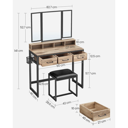 UNICORN Dressing Table with Triple Mirror, 3 Drawers, Hairdryer Holder,Brown Black, White