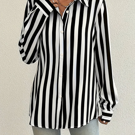 UNICORN Striped Button-Front Shirt, Elegant Long Sleeve Collared Blouse for Women