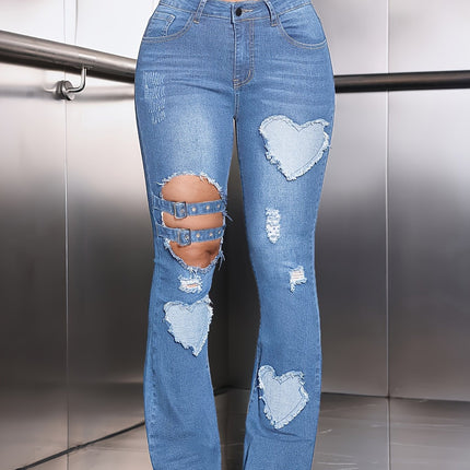 UNICORN Washed Distressed Holes Mid-high Waist Elastic Flared Jeans s m l xl xxl