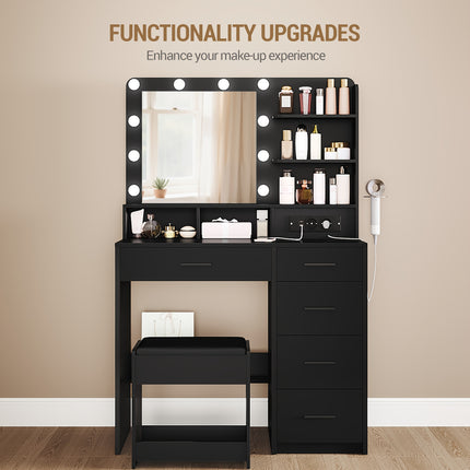UNICORN Dressing Table with 10 LED Lights, Stool, Hairdryer Holder Black