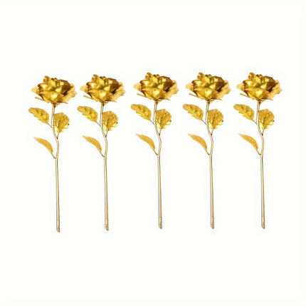 UNICORN 5pcs Realistic Artificial Roses with Shiny Golden Foil Petals & Plastic Stems