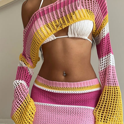 UNICORN Party Dating Rainbow Striped Long Sleeve Hollow Top + Skirt Two-Piece Set s m l