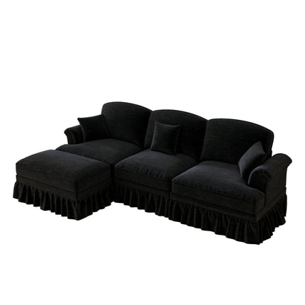 UNICORN Modular Mid-Century L-Shaped 3-Seater Sofa with Chenille Upholstery & Spindle Legs Detachable Apron Panel & Movable Stool Retro Deep Seating Sectional Furniture No Assembly Required Multicolor Op