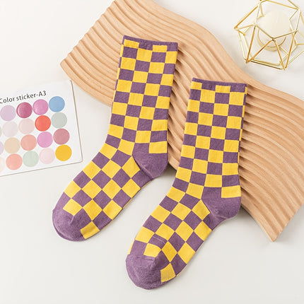 UNICORN Women'S Mid-Calf Socks Color-Blocked Checkered Design one size
