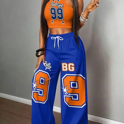 UNICORN Women's Orange Blue Color Block Ball Halter Tank Top Wide Leg Pants s m l xl xxl