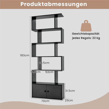 UNICORN Bookcase with Doors, 5-Tier Standing Shelf183 x 70 x 23 cm Black