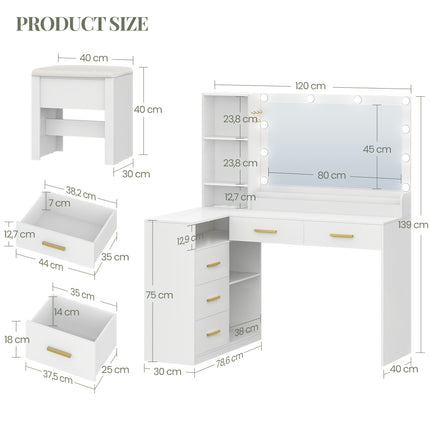 UNICORN Corner Vanity with Stool with Large Mirror White