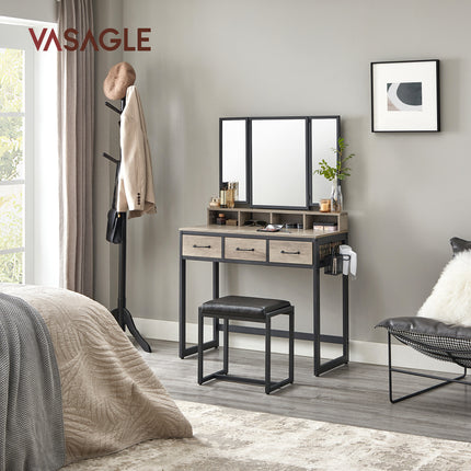 UNICORN Dressing Table with Triple Mirror, 3 Drawers, Hairdryer Holder,Brown Black, White