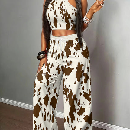 UNICORN Women's  Cow Print Halter Top+ Drawstring Wide-Leg Pants s m l xl xxl