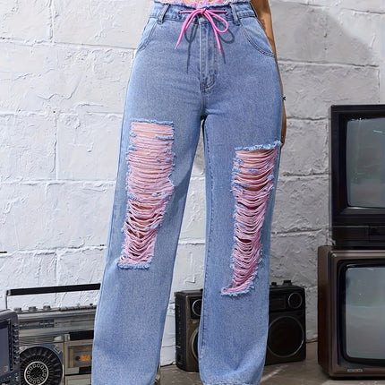 UNICORN Women's Ripped Fashion Jeans with Drawstring Waist xs s m l xl