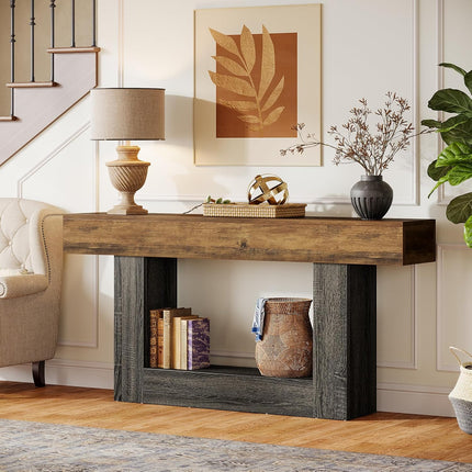 UNICORN 63-Inch Extra Long Farmhouse Console Table - 2-Tier Rustic Brown Wood