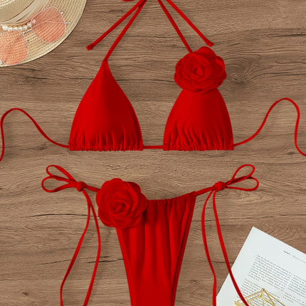 UNICORN Red Rose Bikini Strap Split Swimsuit Gathered Seaside Vacation s m l xl