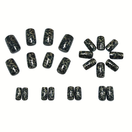 UNICORN 24 Medium Square Fake Nails, Black Golden Glitter Leopard Wear Armor Design