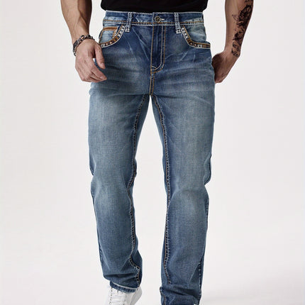 UNICORN Men'S Thick Line Embroidered Stretchy Washed Denim Pants s m l xl xxl