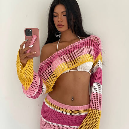 UNICORN Party Dating Rainbow Striped Long Sleeve Hollow Top + Skirt Two-Piece Set s m l