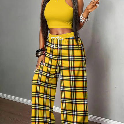 UNICORN Women's Retro Solid Yellow Halter Tank Top Wide Leg Pants s m l xl xxl