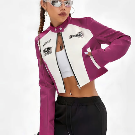 UNICORN Womens Cropped Jacket Letter Print Color-block Design Casual Biker Jacket s m l