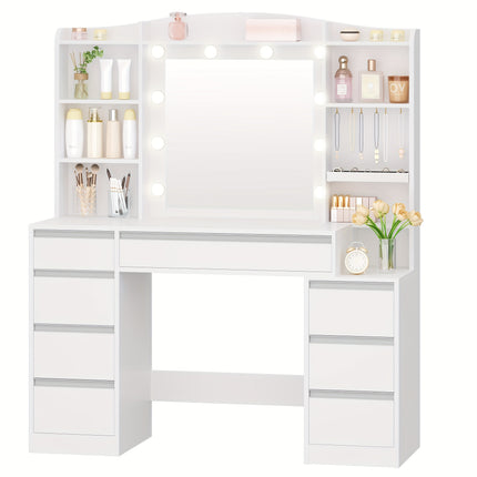 UNICORN Dressing Table with 8 Drawers, Large Mirror with RGB LED Lighting White