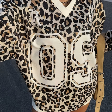 UNICORN Women's Leopard Print Letter Print Side Stripe Loose Pullover s m l xl xxl