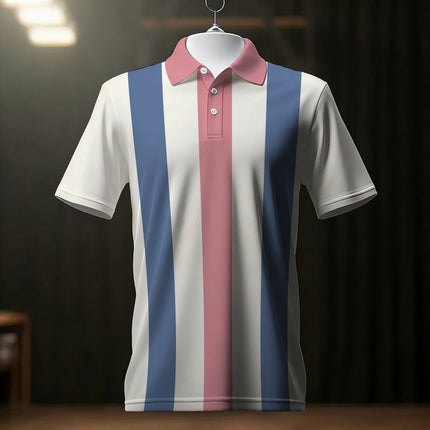 UNICORN Striped Polo Shirt in White, Pink, And Blue Lightweight Short Sleeve Design