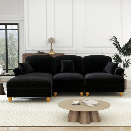 UNICORN Modular Mid-Century L-Shaped 3-Seater Sofa with Chenille Upholstery & Spindle Legs Detachable Apron Panel & Movable Stool Retro Deep Seating Sectional Furniture No Assembly Required Multicolor Op