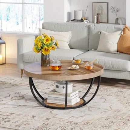 UNICORN 81.28cm Round Coffee Table with 2-Tier Open Storage Wood Grain and Black
